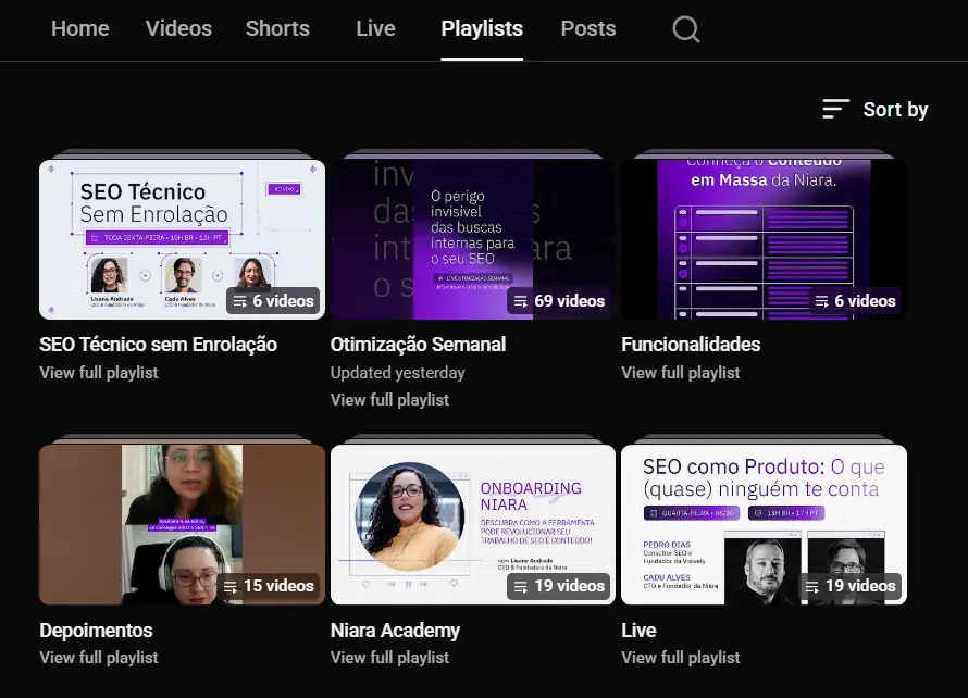Playlists do canal da Niara no YouTube