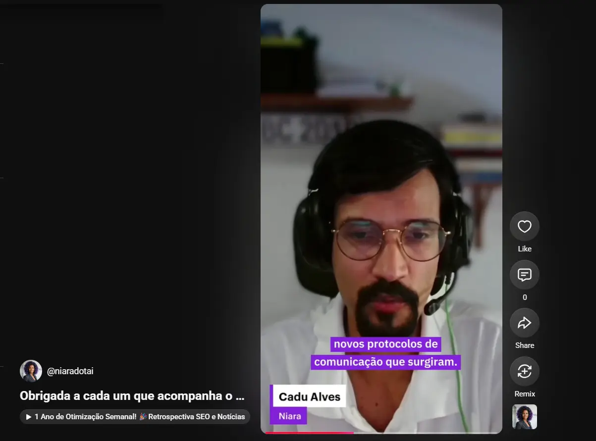 Exemplo de vídeo com transcrição na tela no canal da Niara