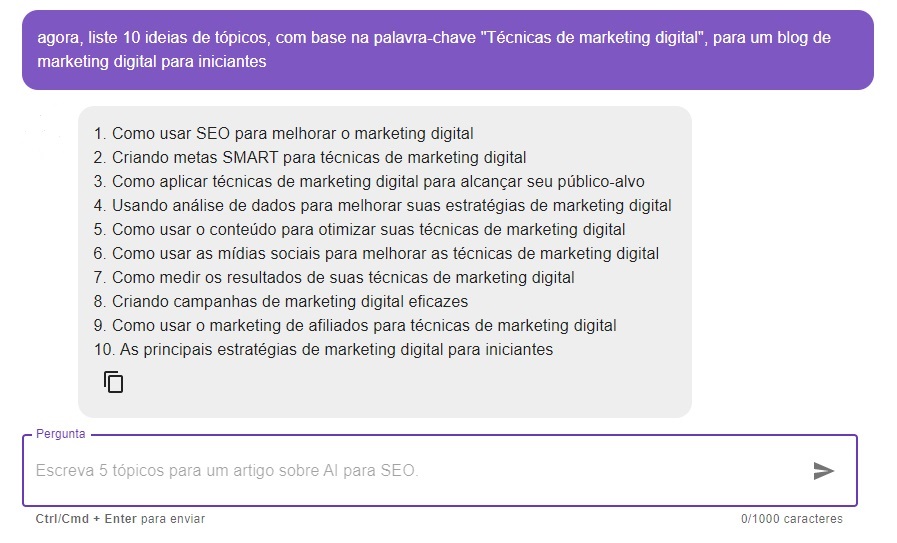 Print do ChatSEO com sugestão de tópicos para um tema sobre Marketing Digital