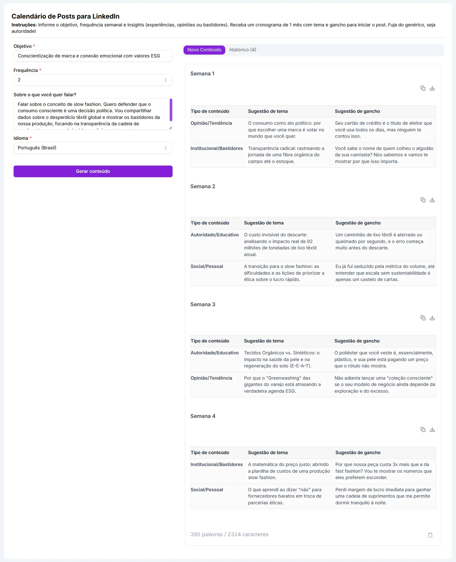 Calendário de posts para LinkedIn gerado pela Niara para tema slow fashion