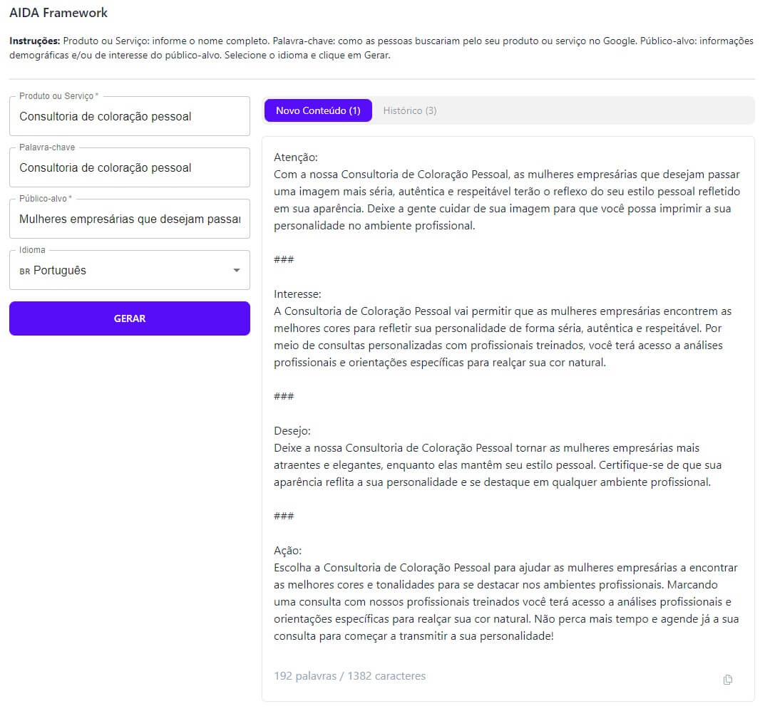 Print exemplo template AIDA framework para consultoria de coloração pessoal