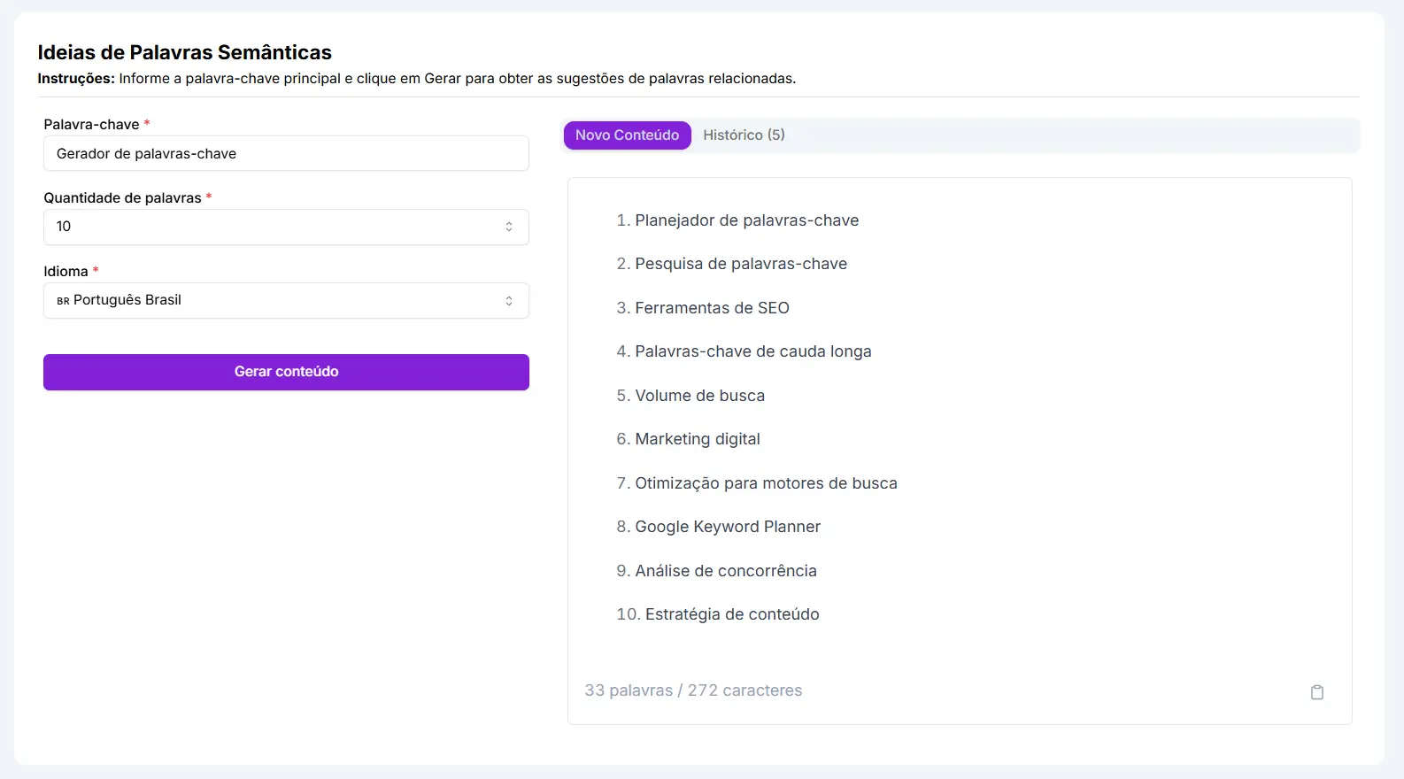 Agente gerador de palavras semânticas da Niara listando ideias relacionadas ao termo "Gerador de palavras-chave"