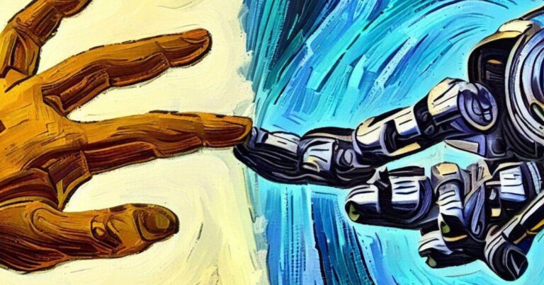 imagem gerada por ia representando inteligência artificial em contato com mão humana ao estilo van gogh