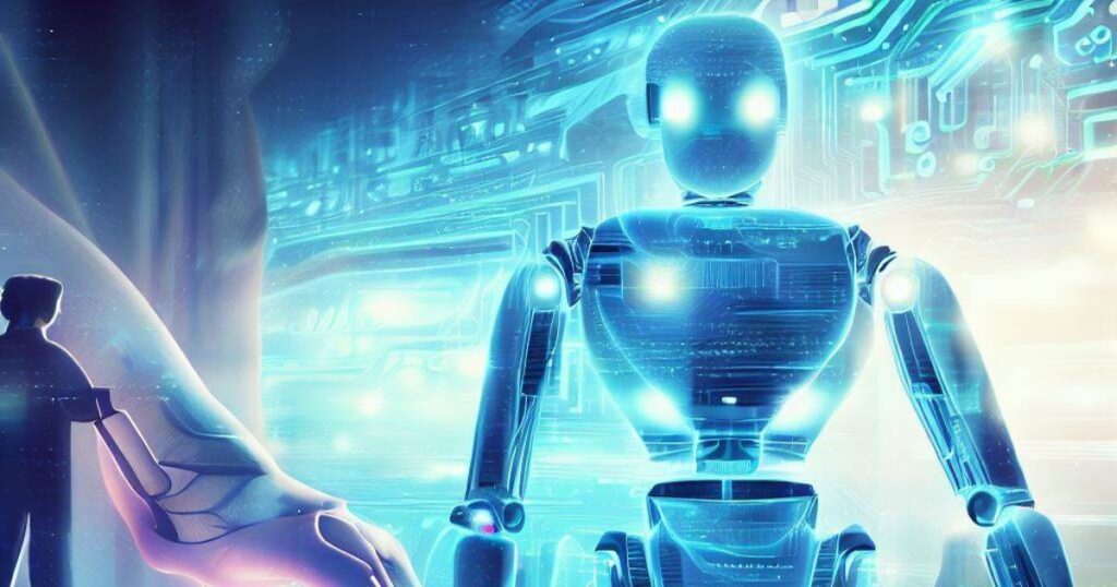 imagem gerada por ia representando o futuro do seo com robô ao fundo