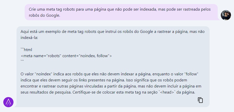 Exemplo de meta tag robots criado pelo ChatSEO