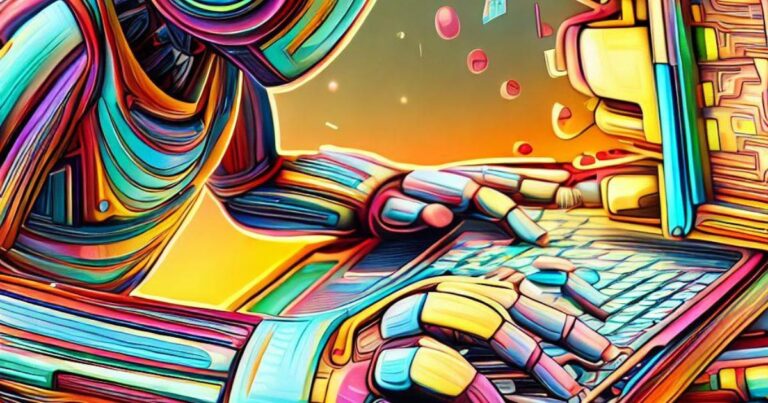 imagem gerada por ia de robô colorido escrevendo em computador