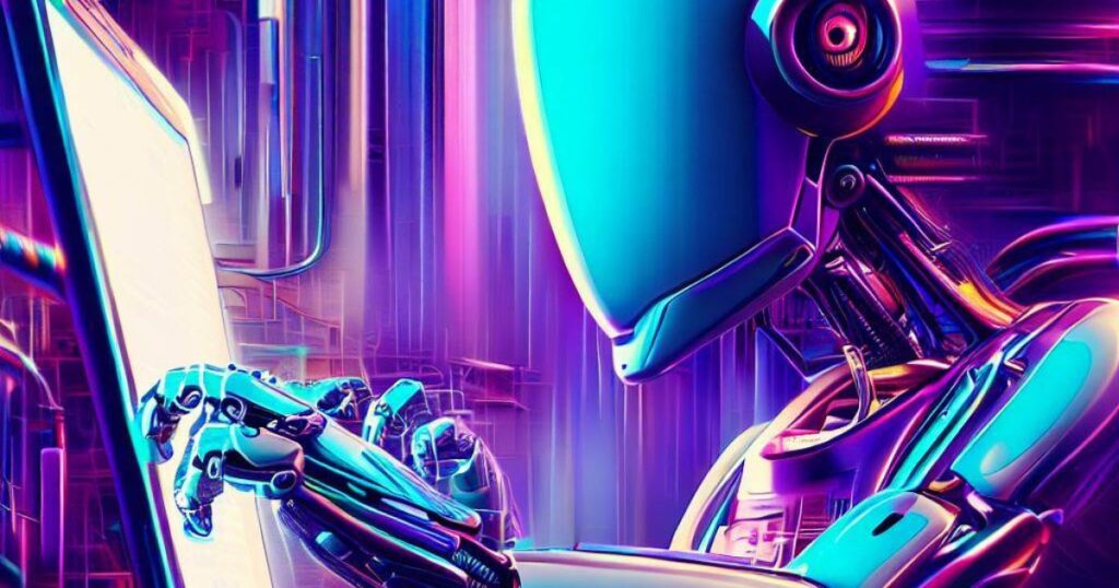 imagem gerada por inteligência artificial com robô mexendo no computador ao estilo futurista