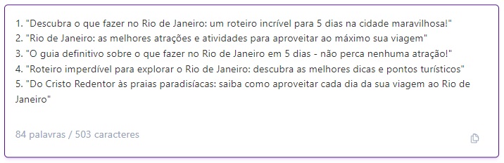 Print com 5 exemplos de títulos gerados pela Niara para o tema o que fazer no Rio de Janeiro