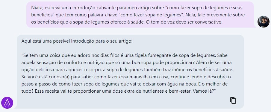 Print de resultado gerado pela niara via chatseo para introdução de artigo sobre como fazer sopa de legumes