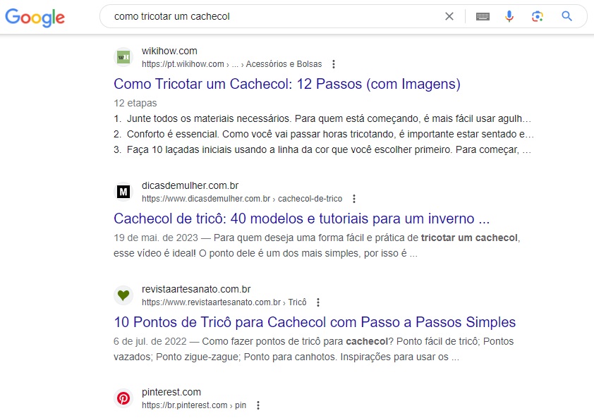 exemplo de meta title e meta description no google para resultado sobre como tricotar um cachecol