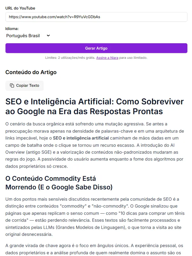 Exemplo de texto baseado em vídeo jornalístico criado pela IA da Niara