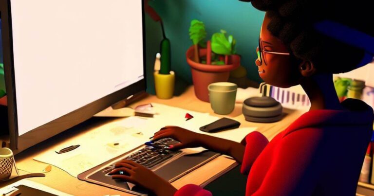 ilustração gerada por ia de mulher trabalhando no computador em casa