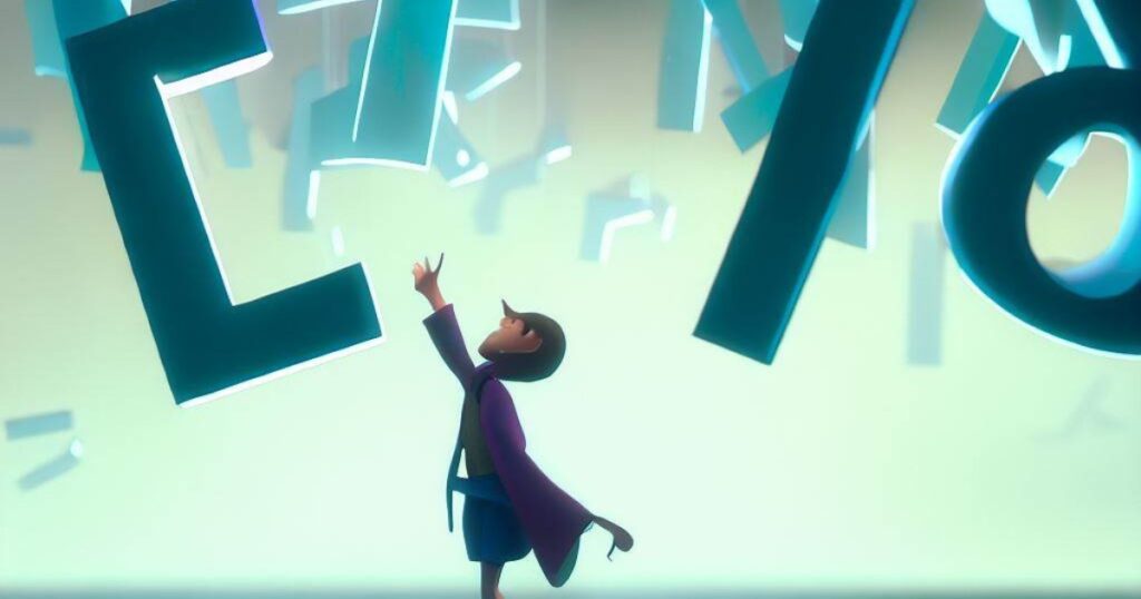 ilustração representando menino tentando alcançar letras representando a busca por palavras-chave