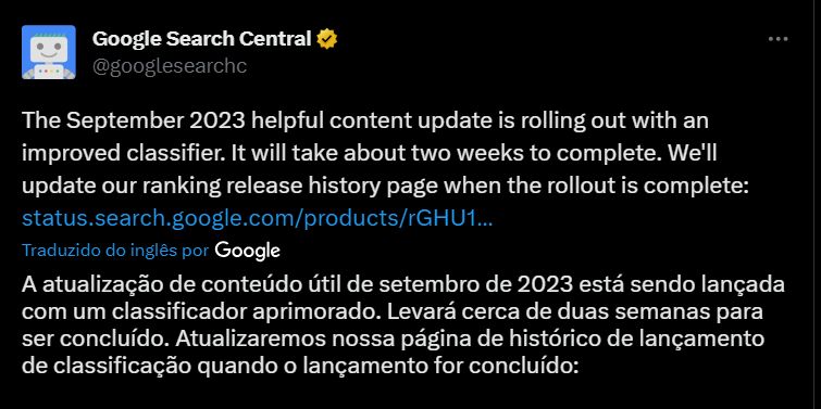 print do tweet do google sobre a atualização do helpful content system