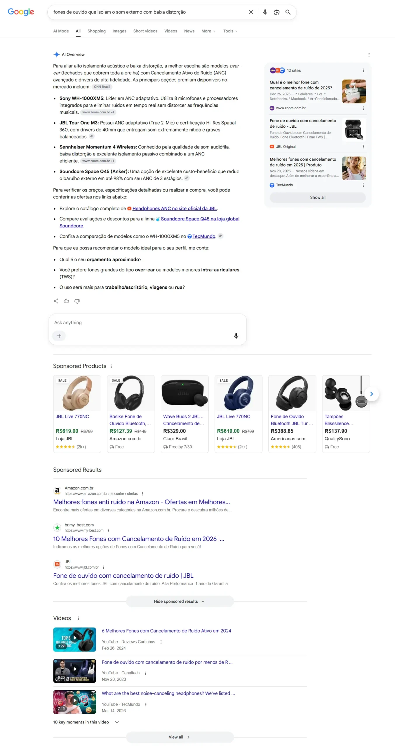 Exemplo de SERP para intenção de busca comercial