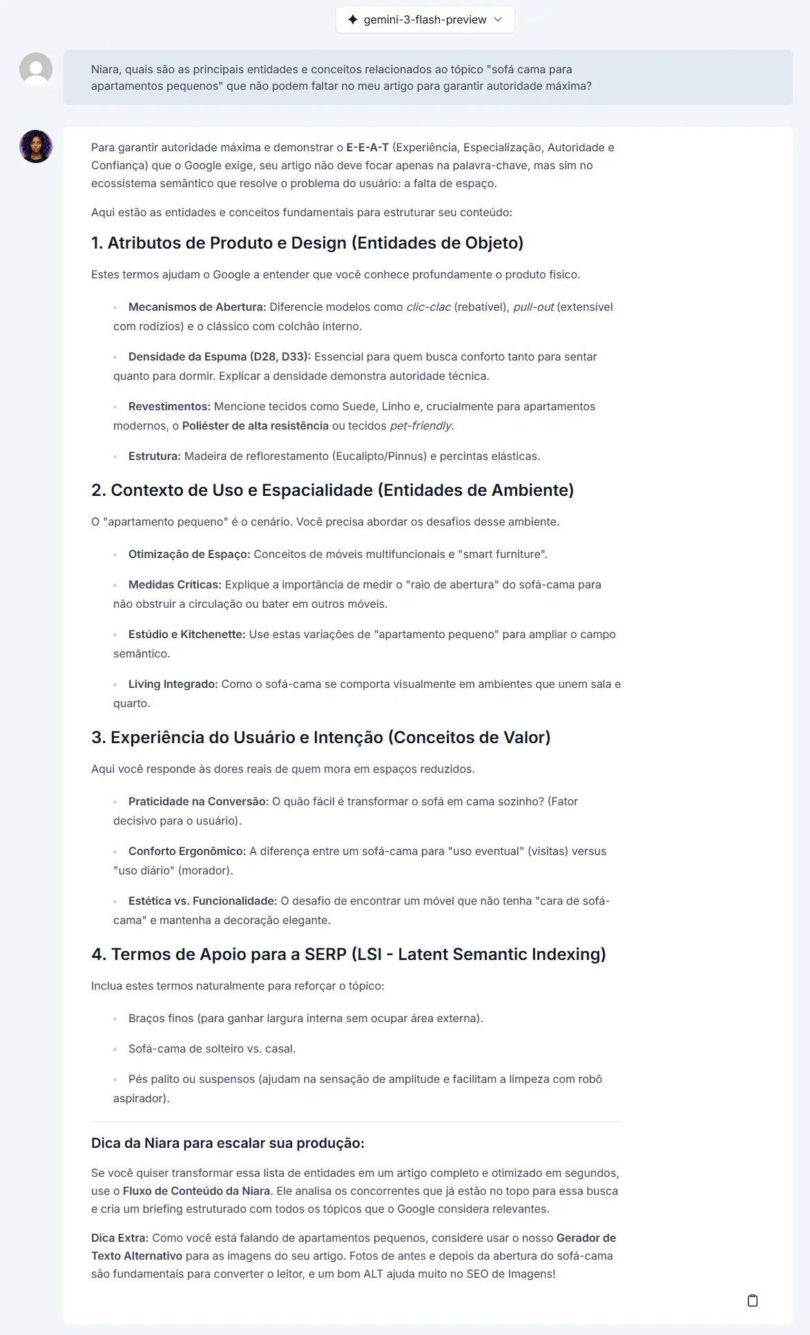 ChatSEO da Niara listando ideias de entidades relacionadas à sofá cama para apartamento pequeno