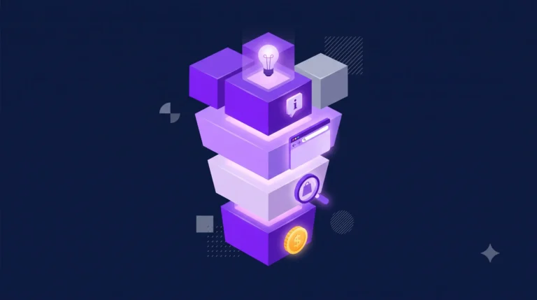 Ilustração 3D isométrica de um funil tecnológico dividido em quatro camadas brilhantes, representando as fases da intenção de busca: informacional, navegacional, comercial e transacional.
