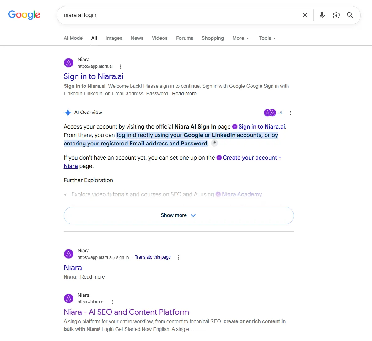Example of SERP for navigational search intent
