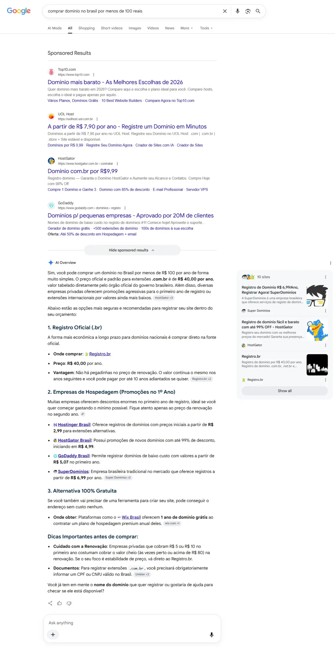 Exemplo de SERP para intenção de busca transacional