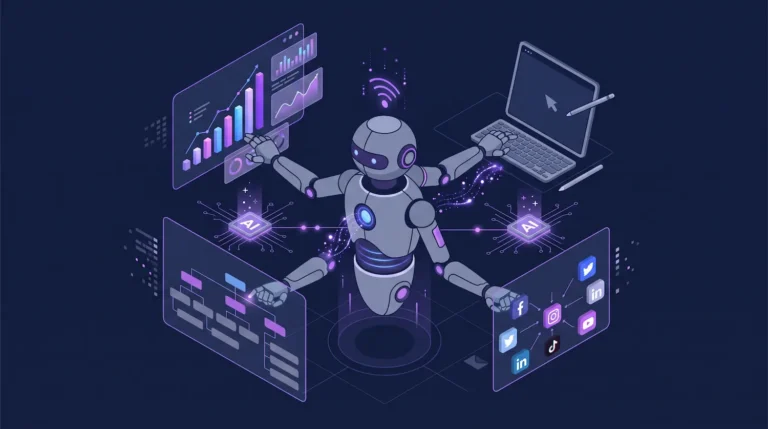 Ilustração 3D isométrica de um assistente robô estilizado realizando múltiplas tarefas digitais de SEO e marketing.