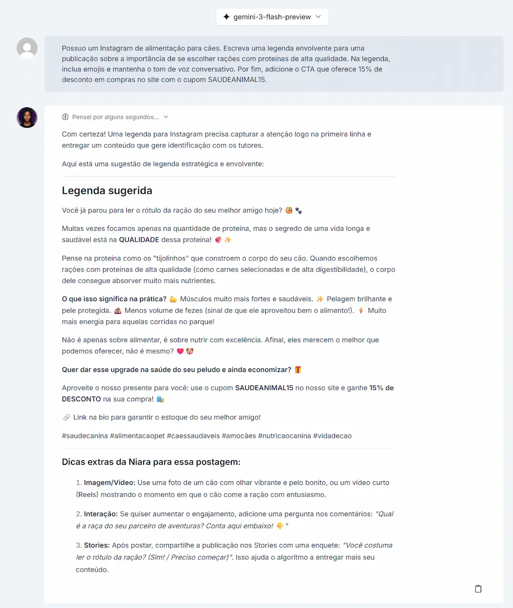 Exemplo de copy para legenda de Instagram gerada pela Niara