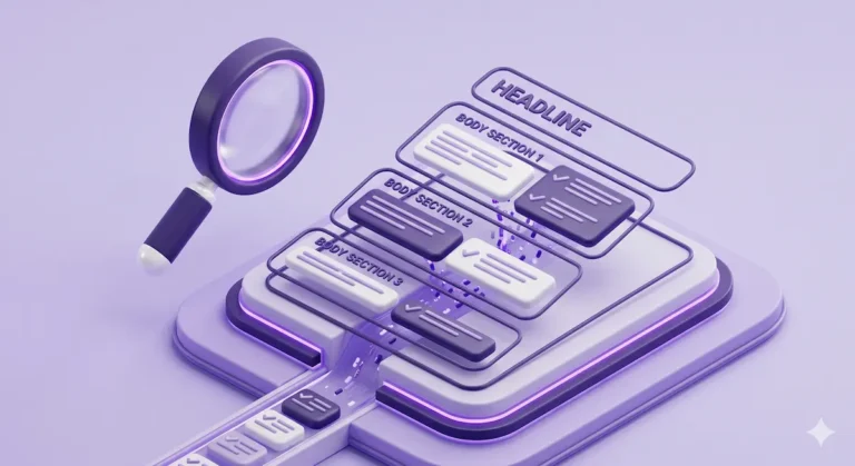 Lupa sobre seções de texto estruturadas, simbolizando análise e organização de copy com inteligência artificial
