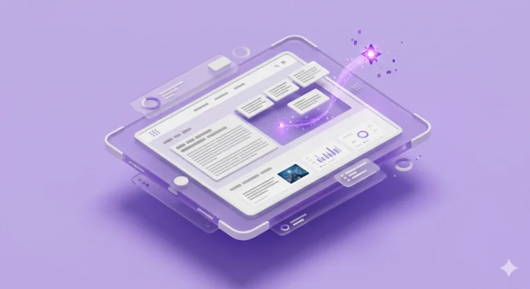 Ilustração digital futurista mostrando um painel interativo com gráficos e caixas de texto em um tablet flutuante, acompanhado de uma estrela roxa brilhante, representando criatividade e tecnologia em IA para sites de notícias.