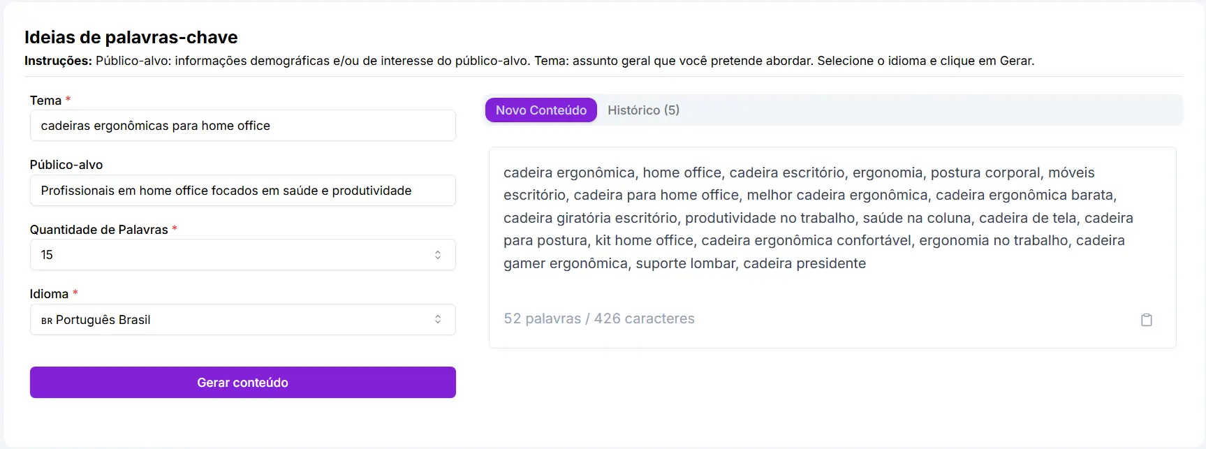 Ideias de palavras-chave geradas pela Niara