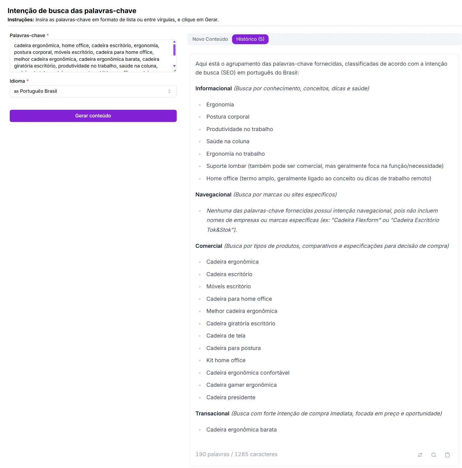 Agrupamento de palavras-chave feito pela Tarefa da Niara