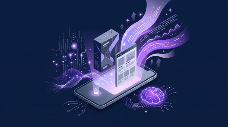 Ilustração 3D isométrica de um smartphone com elementos de catálogo e nós de inteligência artificial, representando a criação de descrições de produtos otimizadas para vender.