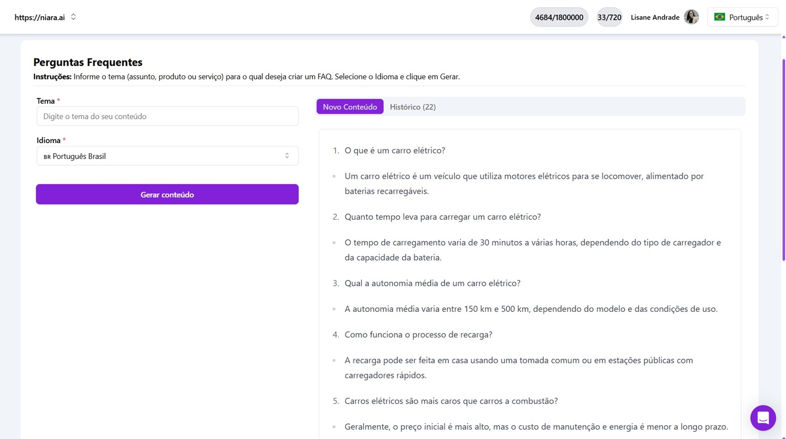 gerador de FAQ da Niara com as perguntas frequentes sobre "carro elétrico"