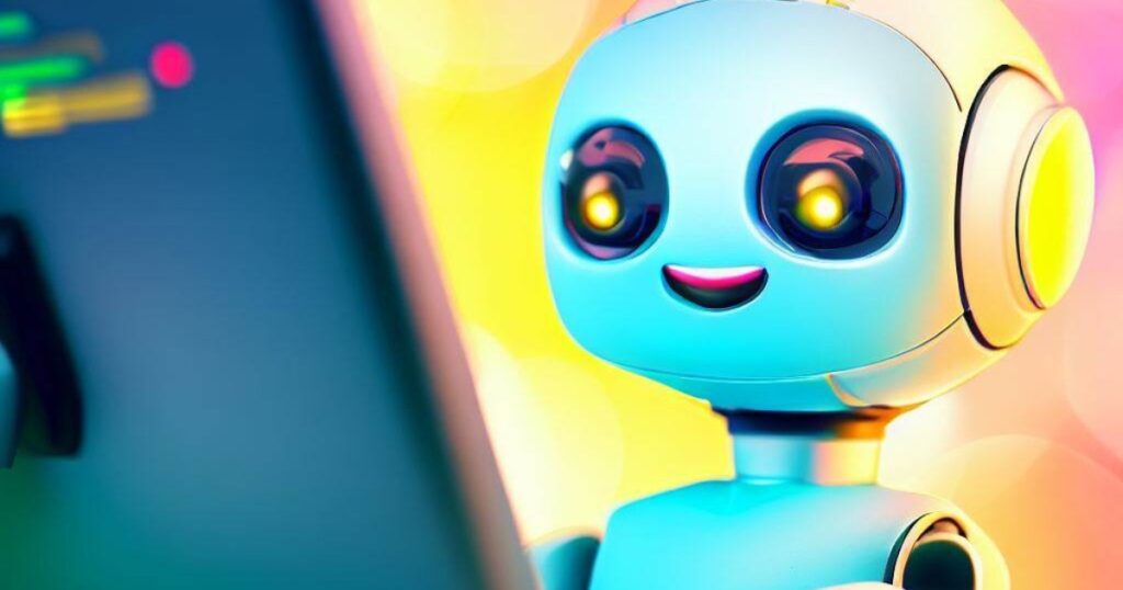 imagem gerada por ia generativa de robô sorridente mexendo no computador