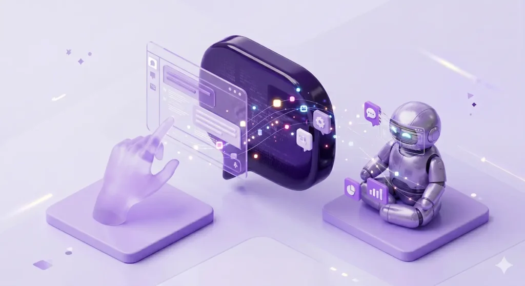 Ilustração 3D isométrica de uma mão interagindo com interface de chat holográfica e ícone de robô, representando o uso de prompts para SEO na criação de conteúdo com inteligência artificial