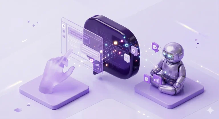 Ilustração 3D isométrica de uma mão interagindo com interface de chat holográfica e ícone de robô, representando o uso de prompts para SEO na criação de conteúdo com inteligência artificial