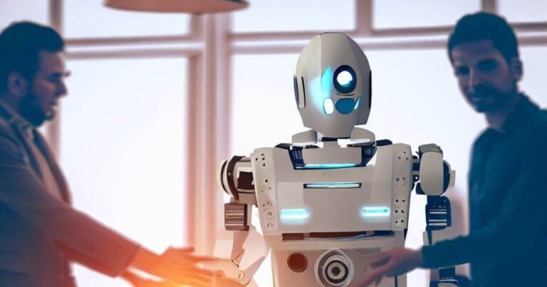 imagem gerada por ia mostrando robô em ambiente empresarial trabalhando com dois humanos