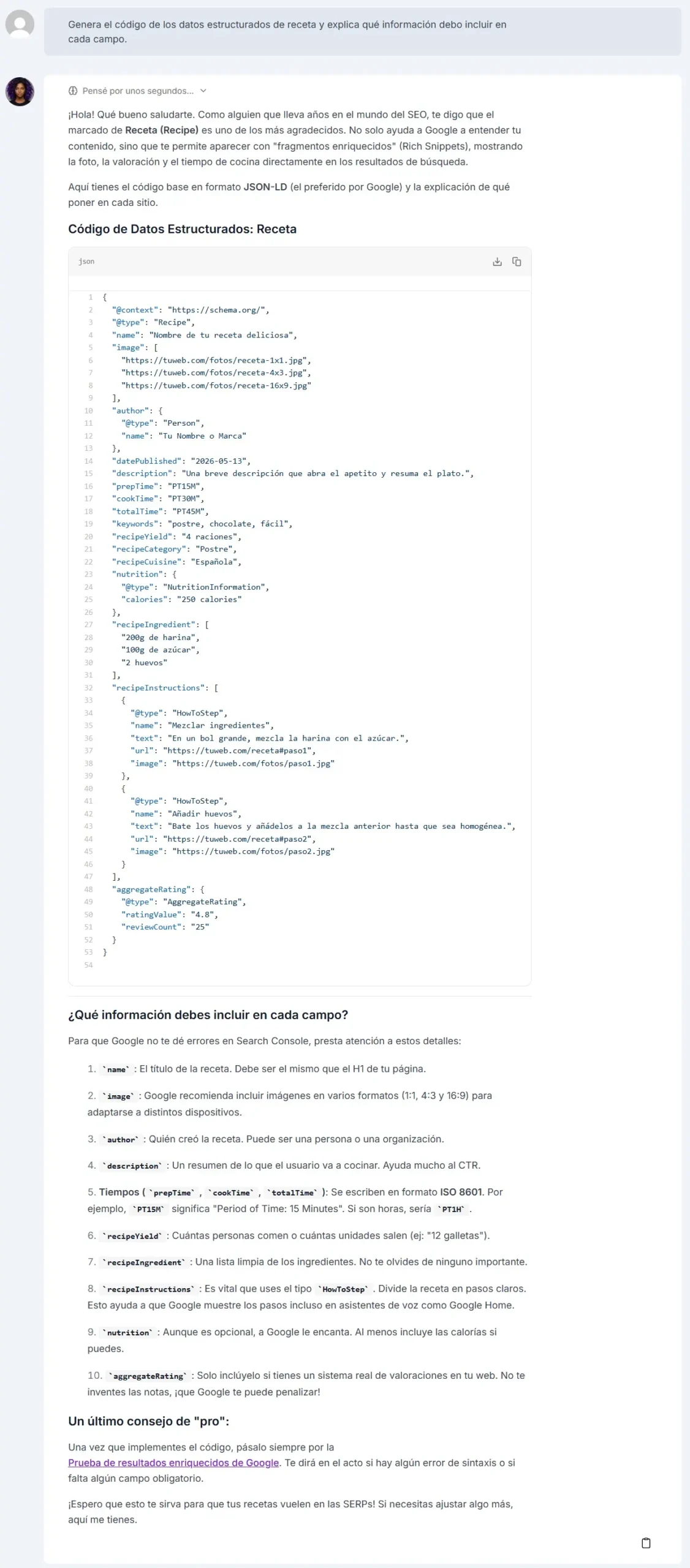 Ejemplo de dato estructurado creado en el ChatSEO