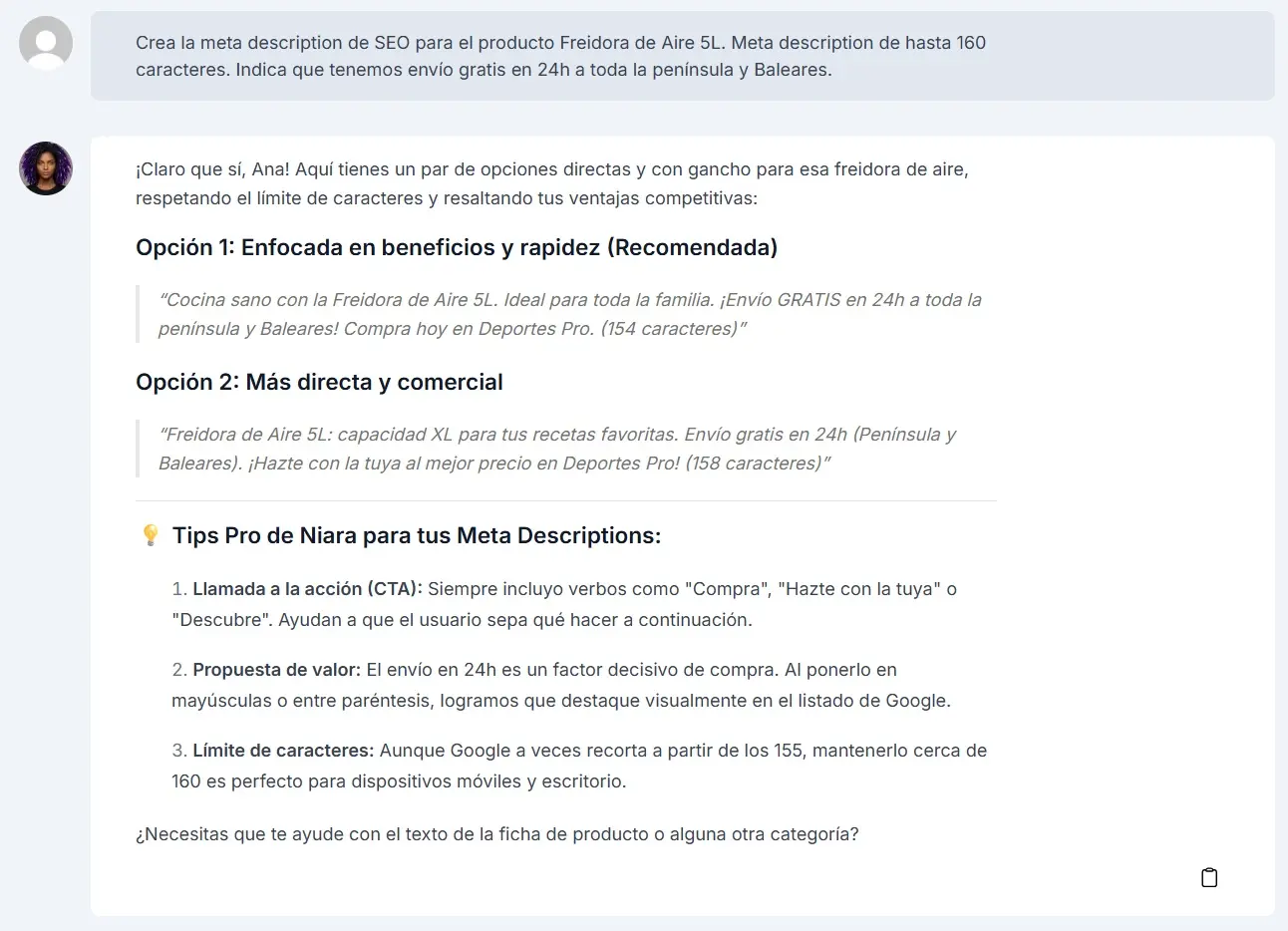 Prompt para meta description para página de producto de e-commerce