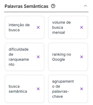 Exemplos de palavras semânticas sugeridas no Fluxo de Conteúdo