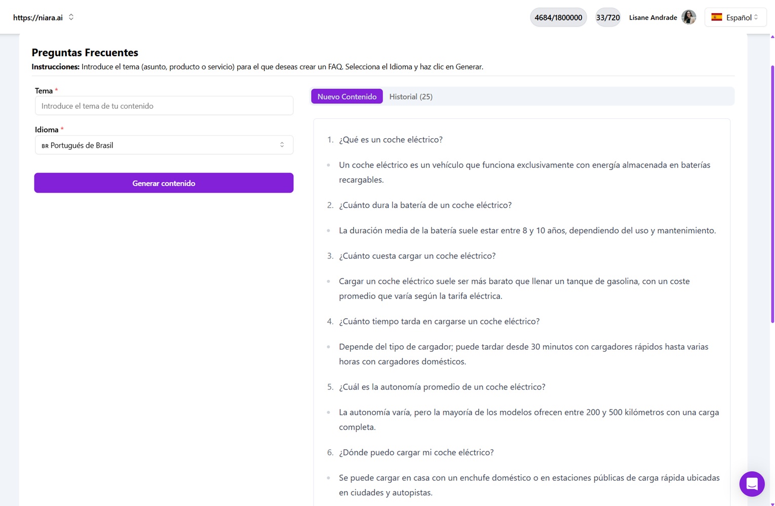 Generador de FAQ de Niara mostrando preguntas frecuentes sobre coches eléctricos