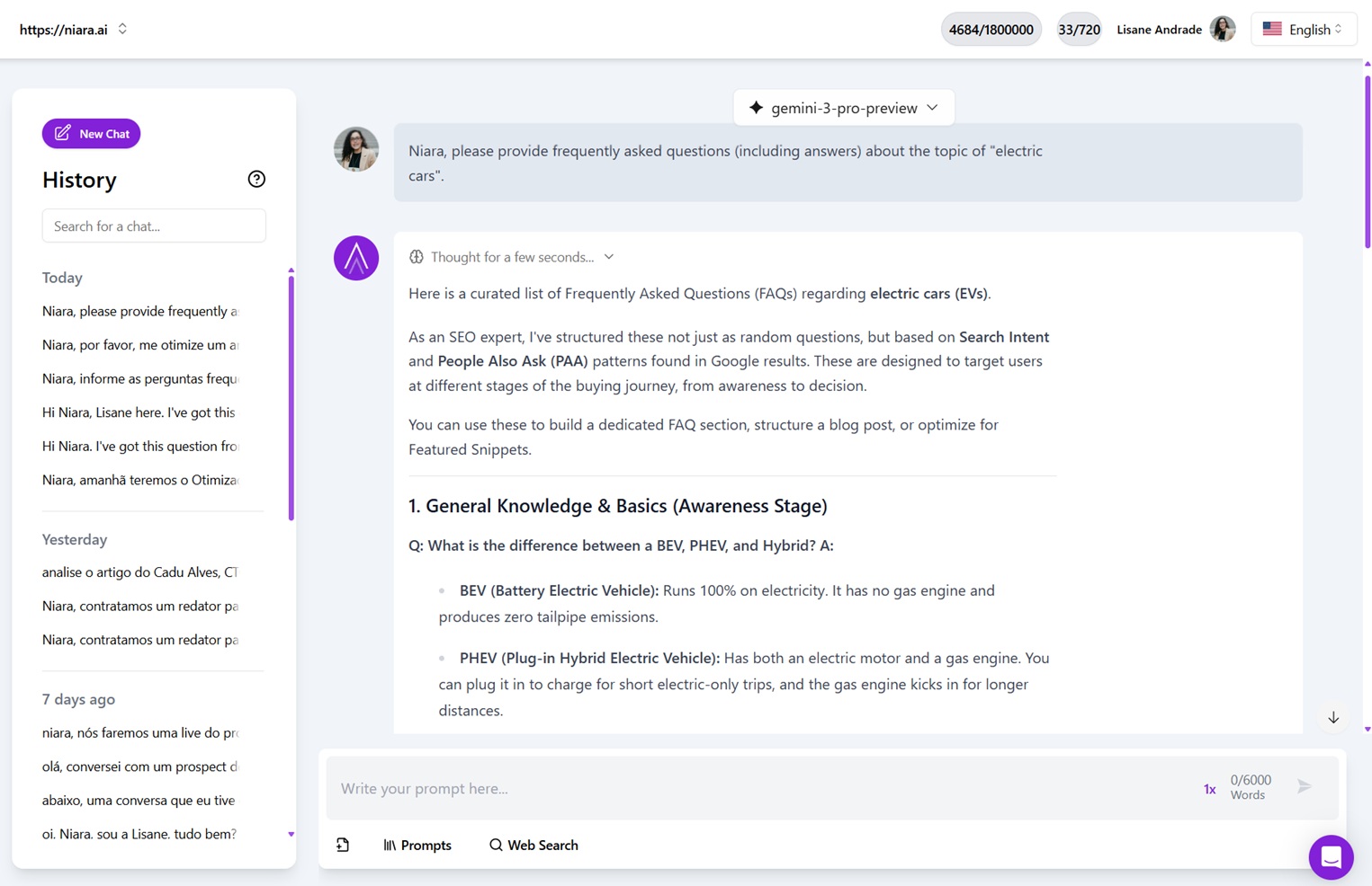 Niara ChatSEO showing frequent questions about electric cars
