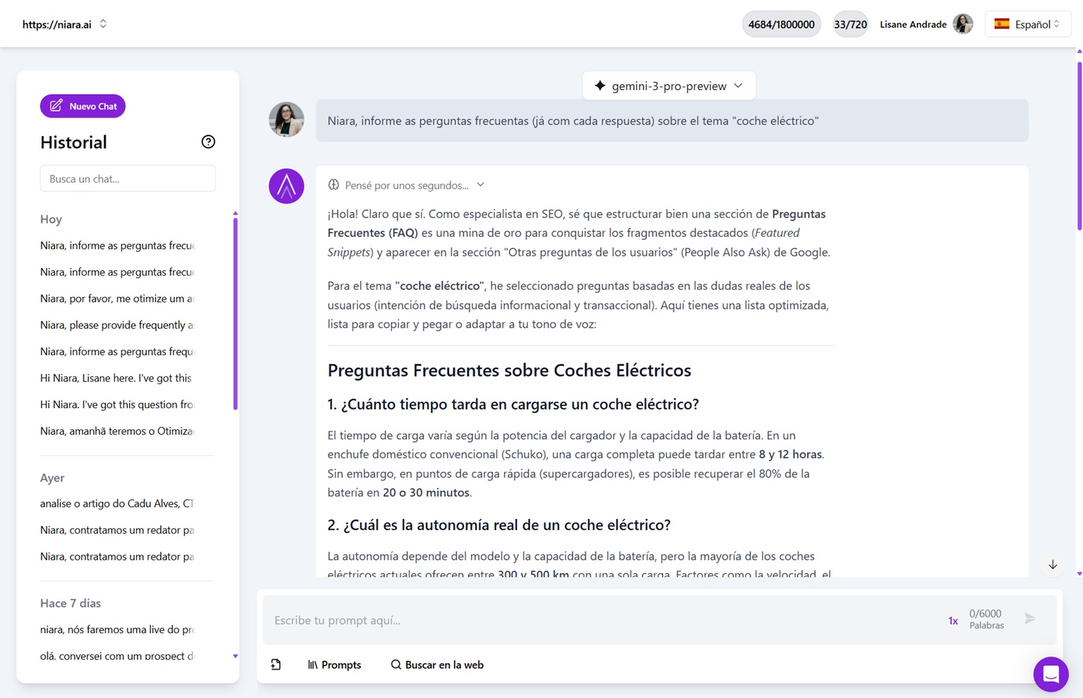 ChatSEO de Niara mostrando preguntas frecuentes sobre coches eléctricos