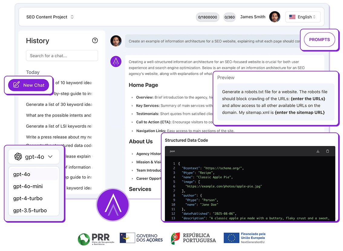 ChatSEO interface showing keyword research and code