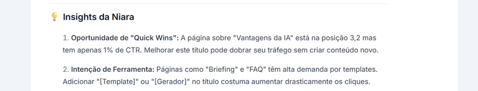 Lista de insights estratégicos baseados nos dados do Search Console