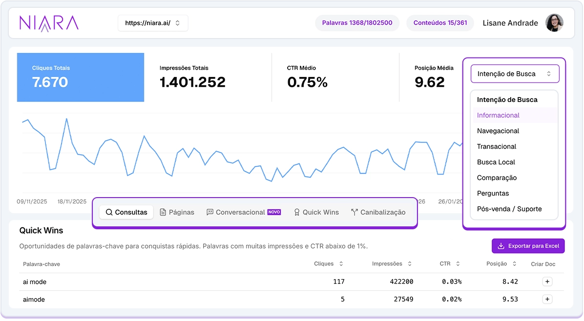Painel do Search Analytics.