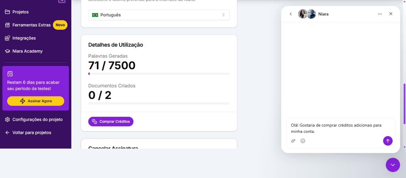 Opção Comprar créditos na Niara.