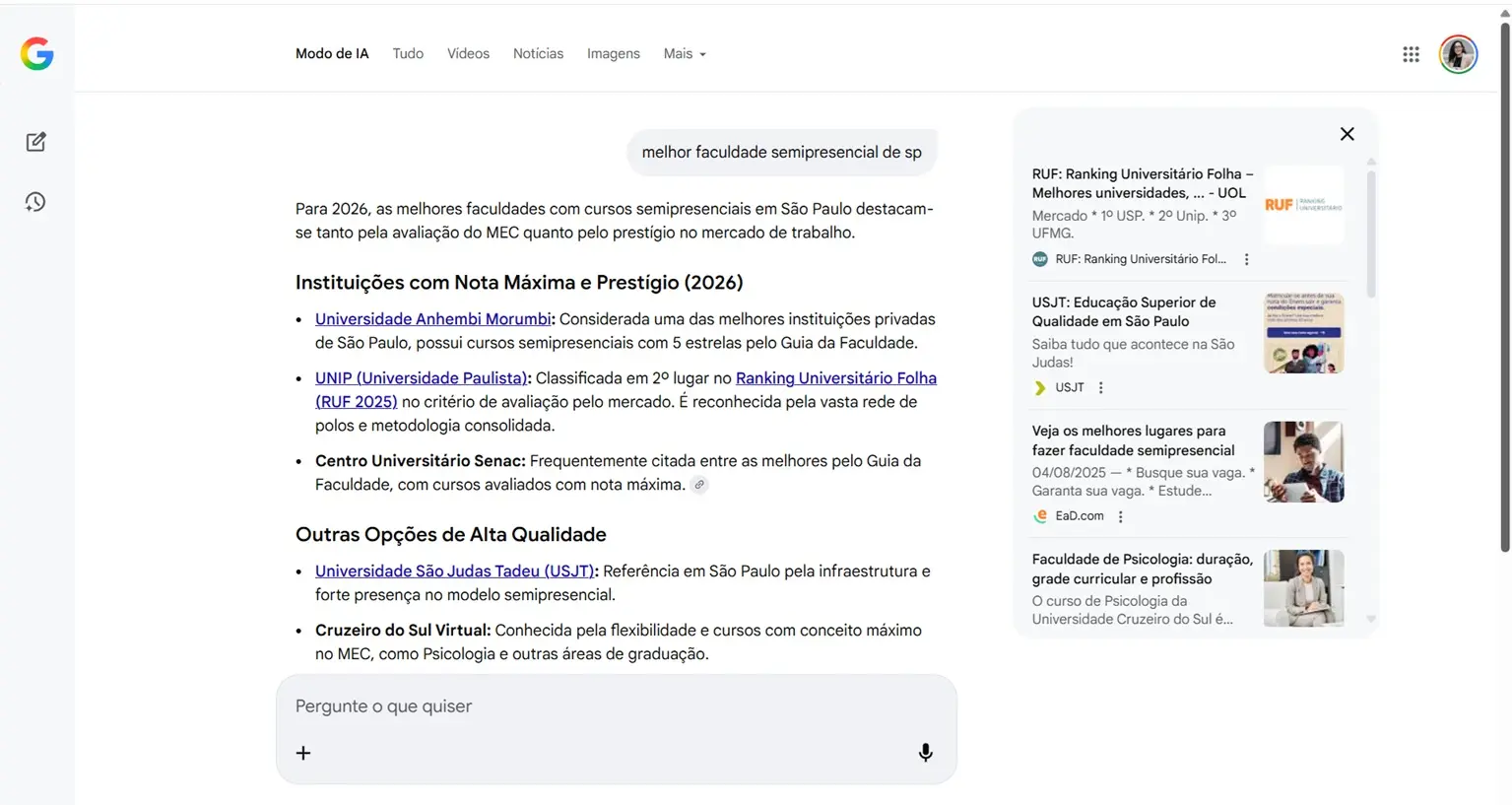 Screenshot of the result obtained, Ânima network universities appearing as a reference in Google AI Mode