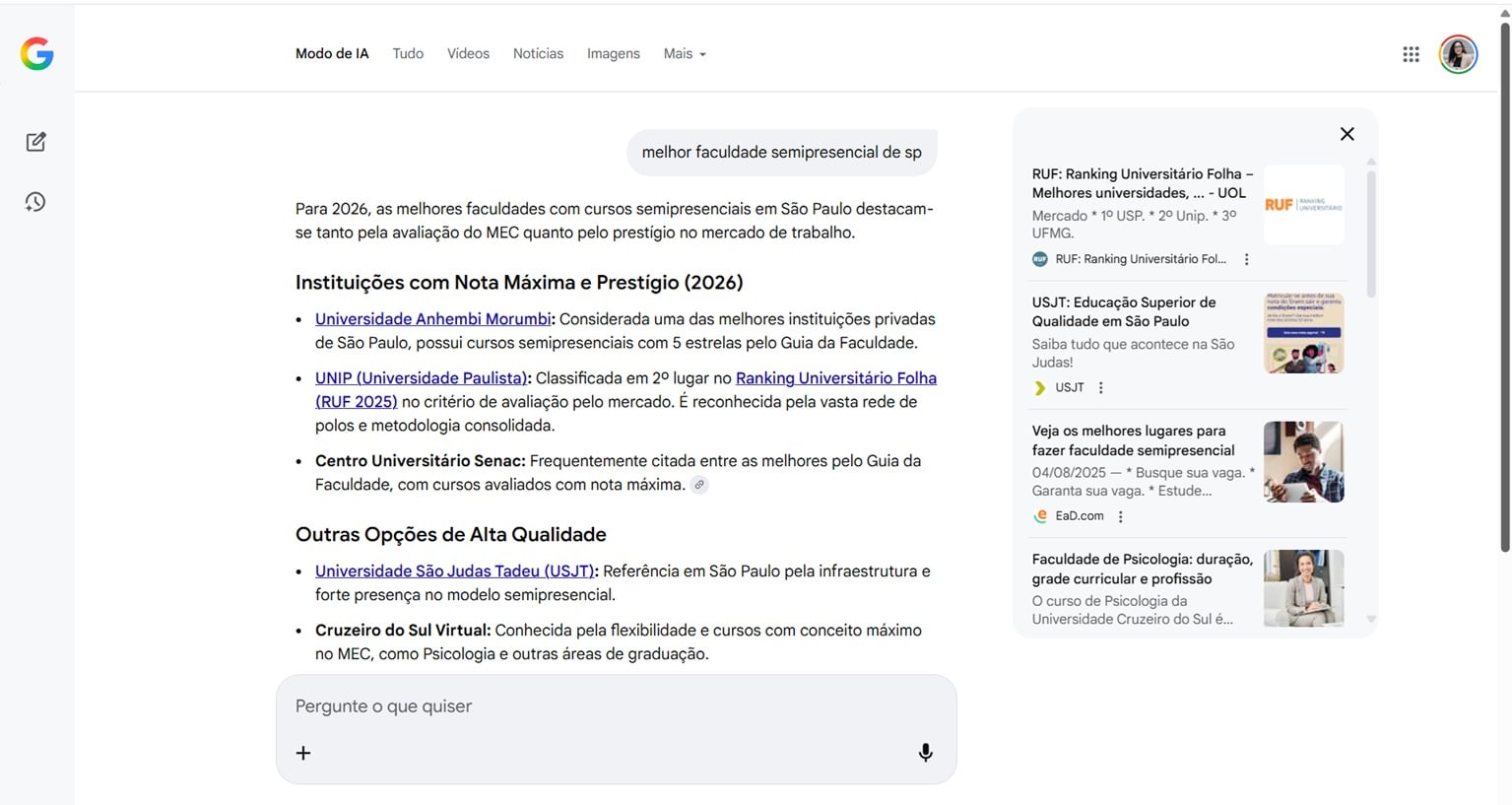 Captura del resultado obtenido, universidades de la red Ânima apareciendo como referencia en Google AI Mode