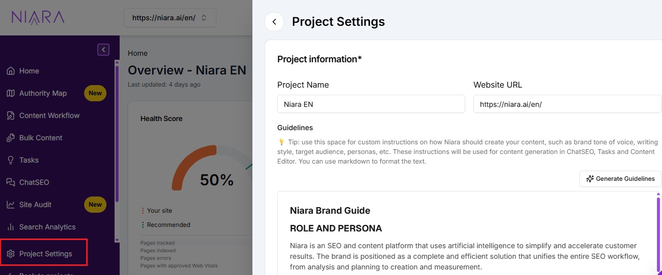 Niara's project settings