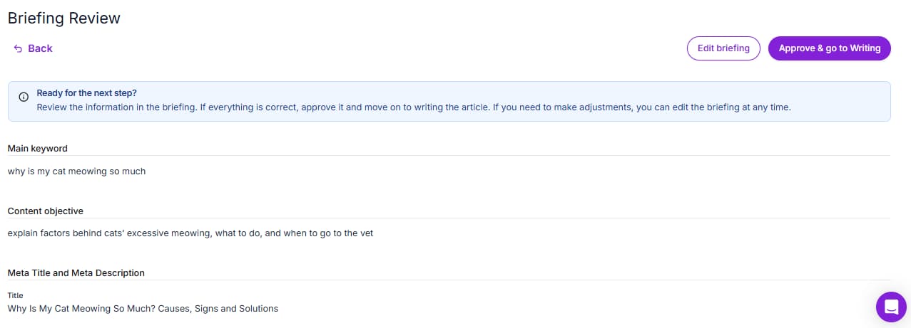 Briefing review in Niara's Content Workflow