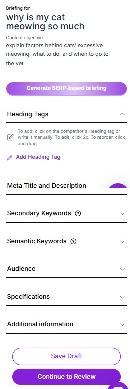 Content Workflow briefing options